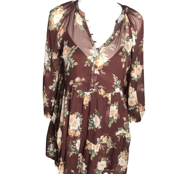 Abercrombie & Fitch‎ Women's Brown Floral Boho Tiered Babydoll Mini Dress Size S - Picture 3 of 16